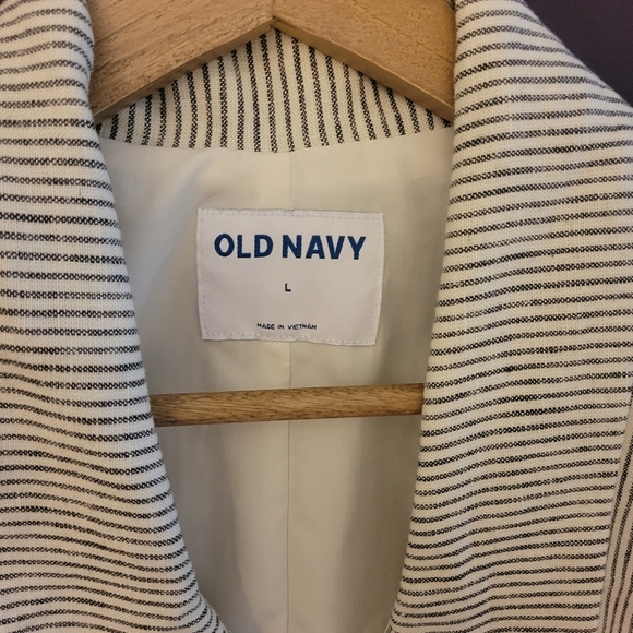 Old Navy Double-breasted Linen Navy/ White Blazer with Notched Lapels - Picture 4 of 5